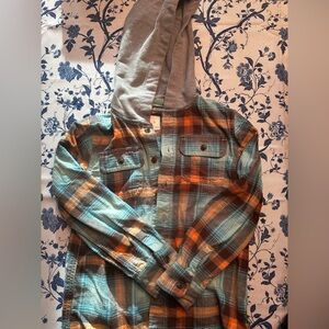 Boys Plaid Hooded Flannel Shirt Jacket - Teal & Orange